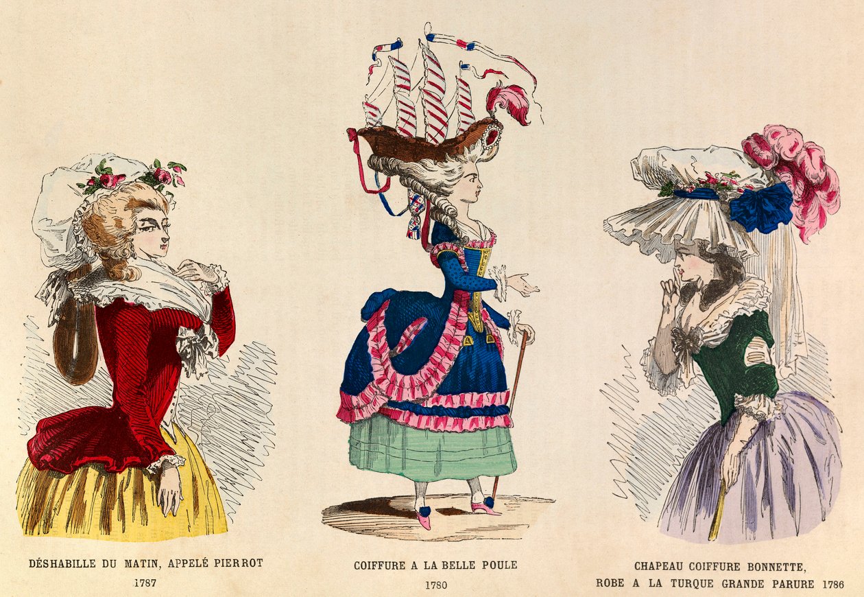 Zleva doprava: Deshaville du matin zvaný Pierrot v roce 1787; Účes a la Belle Choule v roce 1780; Klobouk klobouk a šaty turecká velká ozdoba v roce 1786 - soukromá sbírka od Anonymous Anonymous