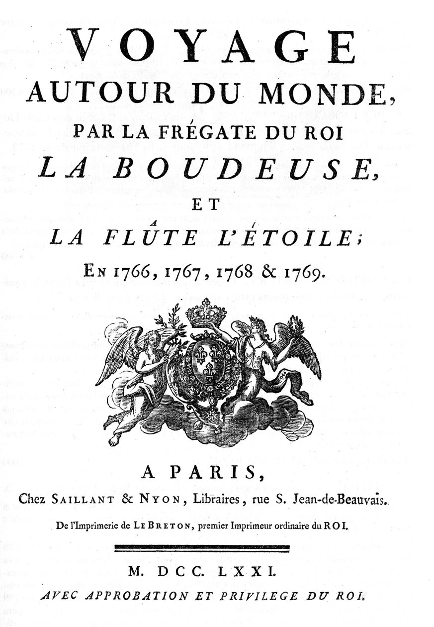 Frontispis z roku 1771 knihy „“ Cesta kolem světa královské fregaty La Boudeuse a flétny L