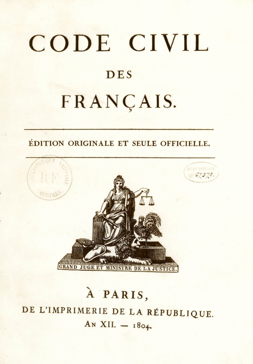 Frontispice jednoho z dvanácti původních vydání „Code civil des francais““ vyhlášeného Napoleonem Bonapartem dne 21.3.1804. Francouzský zákon o občanských právech. B.N. Paříž od Anonymous Anonymous