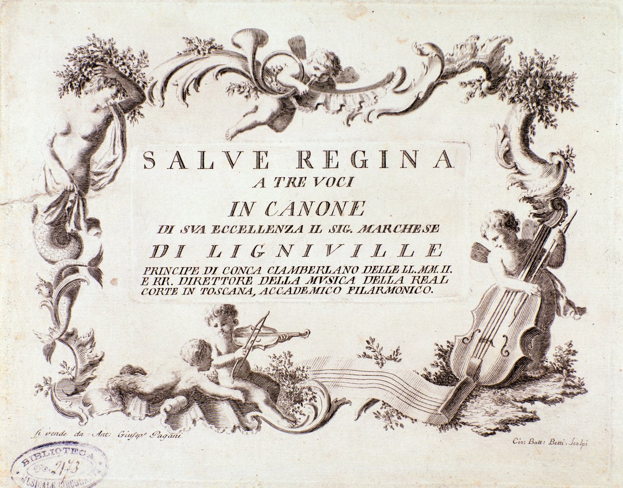 Frontispis hudební partitury hymny Salve regina pro tři hlasy od markýze z Ligneville (1768) od Anonymous Anonymous
