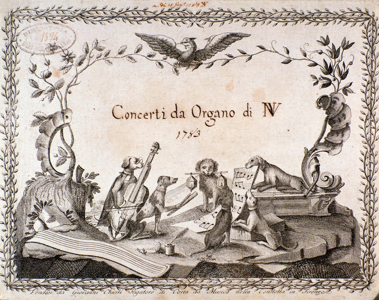 Frontispis hudební partitury s vyobrazením zvířat hrajících na hudební nástroje (1783) od Anonymous Anonymous