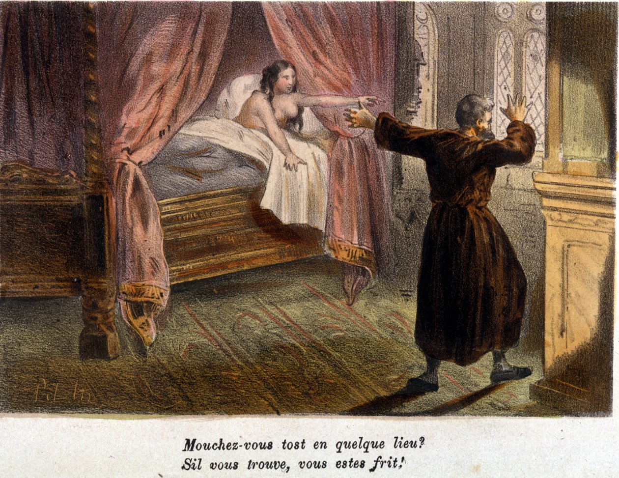 Galantní scéna: Mnich se ve společnosti nahé ženy v posteli, překvapen příchodem člověka, snaží schovat. Barevná rytina 19. století. . od Anonymous Anonymous