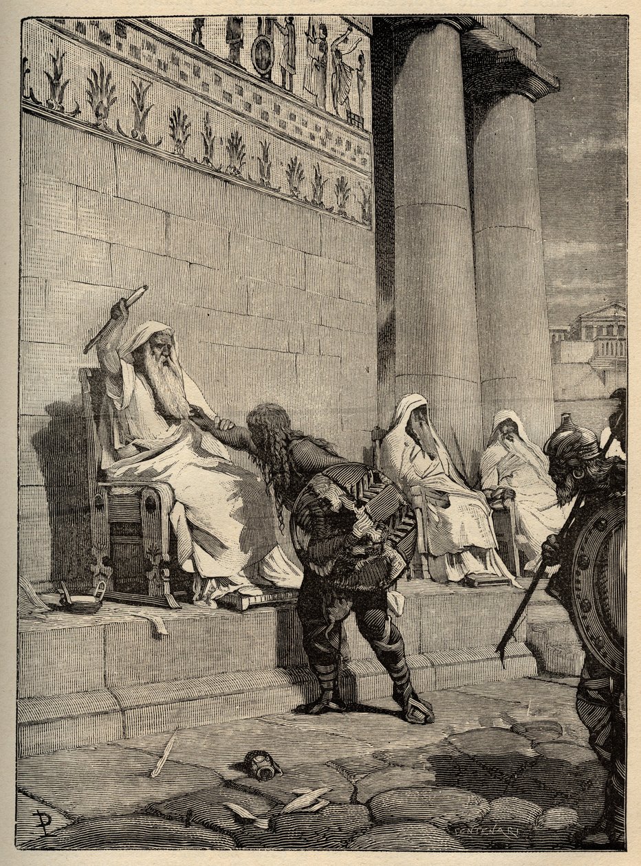 Galský vůdce Brennus (Brennos) se v roce 390 př. n. l. vrací do římského hlavního města. - Galové v Římě - Vyplenění Říma - rytina 1890 od Anonymous Anonymous