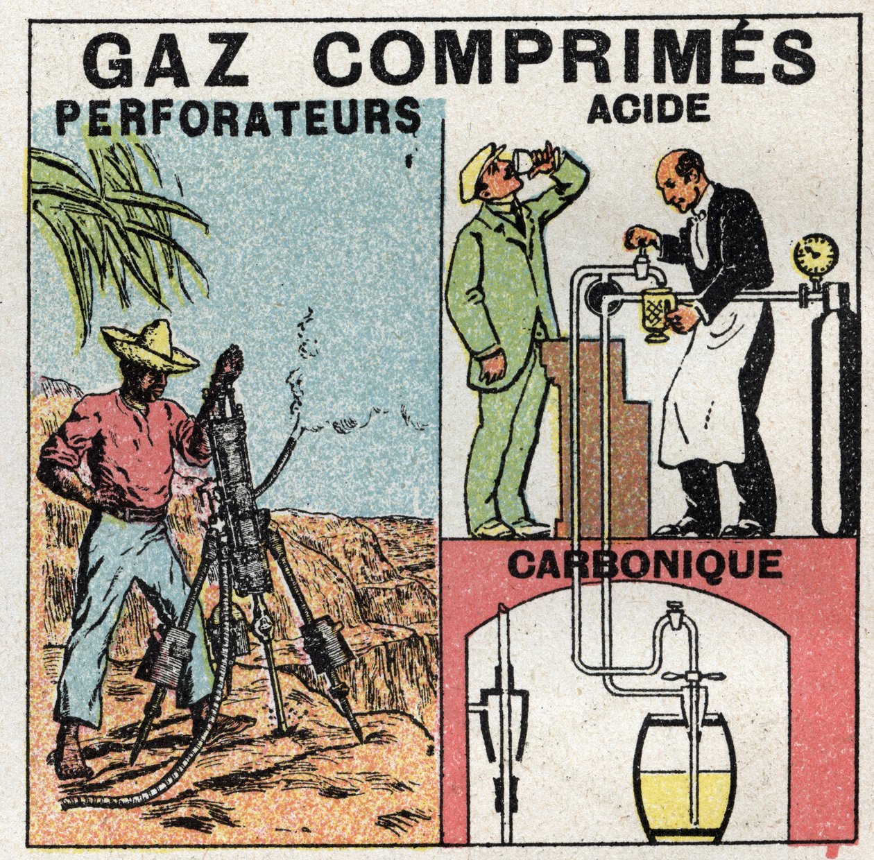 Tlak plynu: plynové pánve používané pro vrtačky se stlačeným vzduchem a při výrobě piva. Anonymní ilustrace z roku 1925. Soukromá sbírka. od Anonymous Anonymous