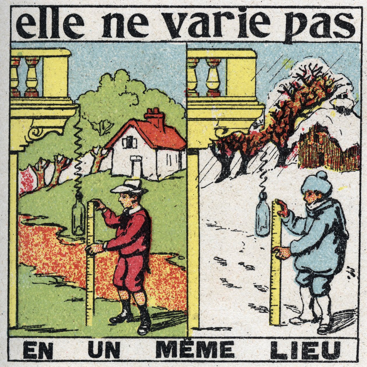 Zrnitost: neliší se na jednom místě. Dítě měřící gravitaci s pružinou na stejném místě v létě i v zimě. Anonymní ilustrace z roku 1925. Soukromá sbírka. od Anonymous Anonymous