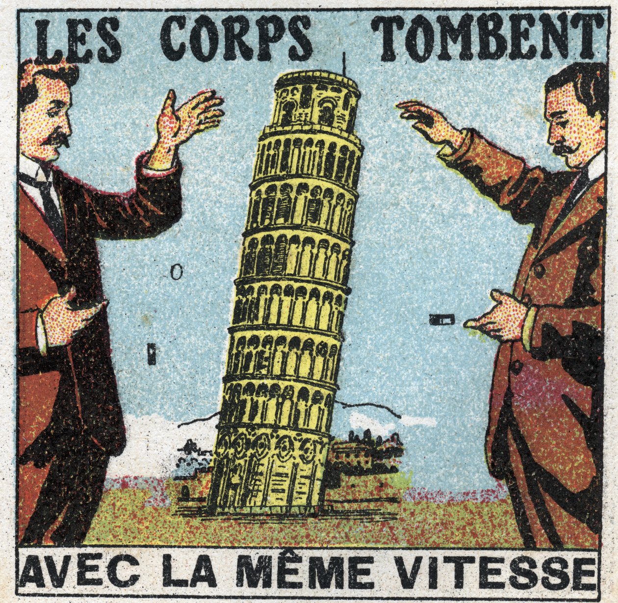 Gravitace: tělesa padají stejnou rychlostí. Využití věže v Pise k ilustraci zákonů padajících těl. Anonymní ilustrace z roku 1925. Soukromá sbírka. od Anonymous Anonymous