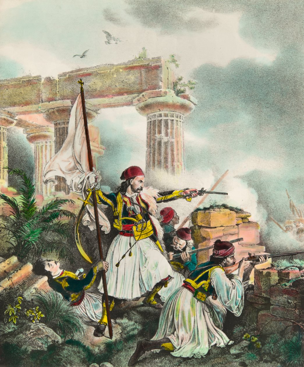 Válka za nezávislost Řecka proti Osmanské říši: prapor se tyčí do Salony od Nickolaki Mitropolos po povstání 25.3.1821. Litografie soukromé sbírky 19. století od Anonymous Anonymous