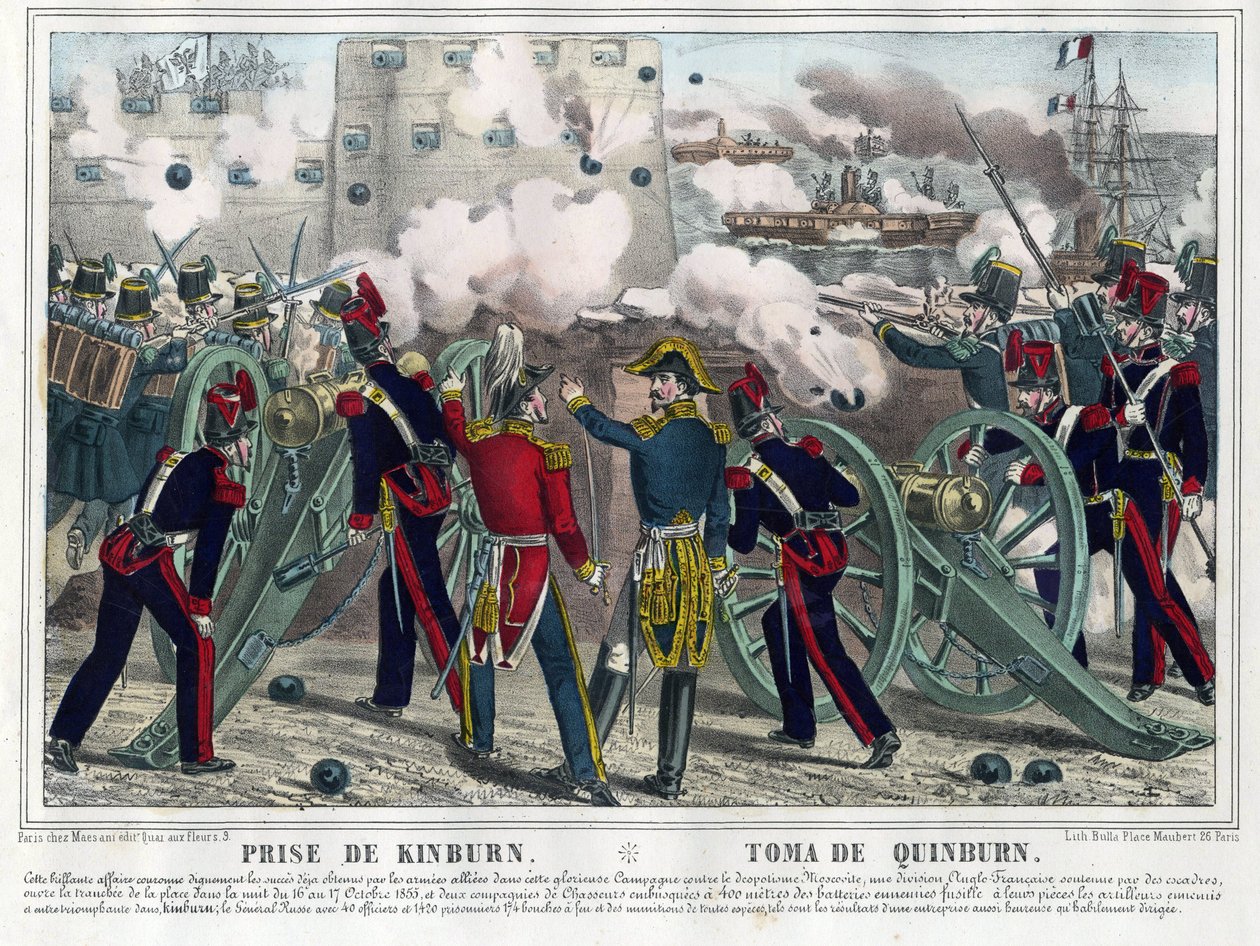 Guerre de Crimee - Bataille de Kinburn (1855) - Bombardování Kinburnu - Anonym - 1857 - Litografie, akvarel - 29,5x42,7 - Soukromá sbírka od Anonymous Anonymous