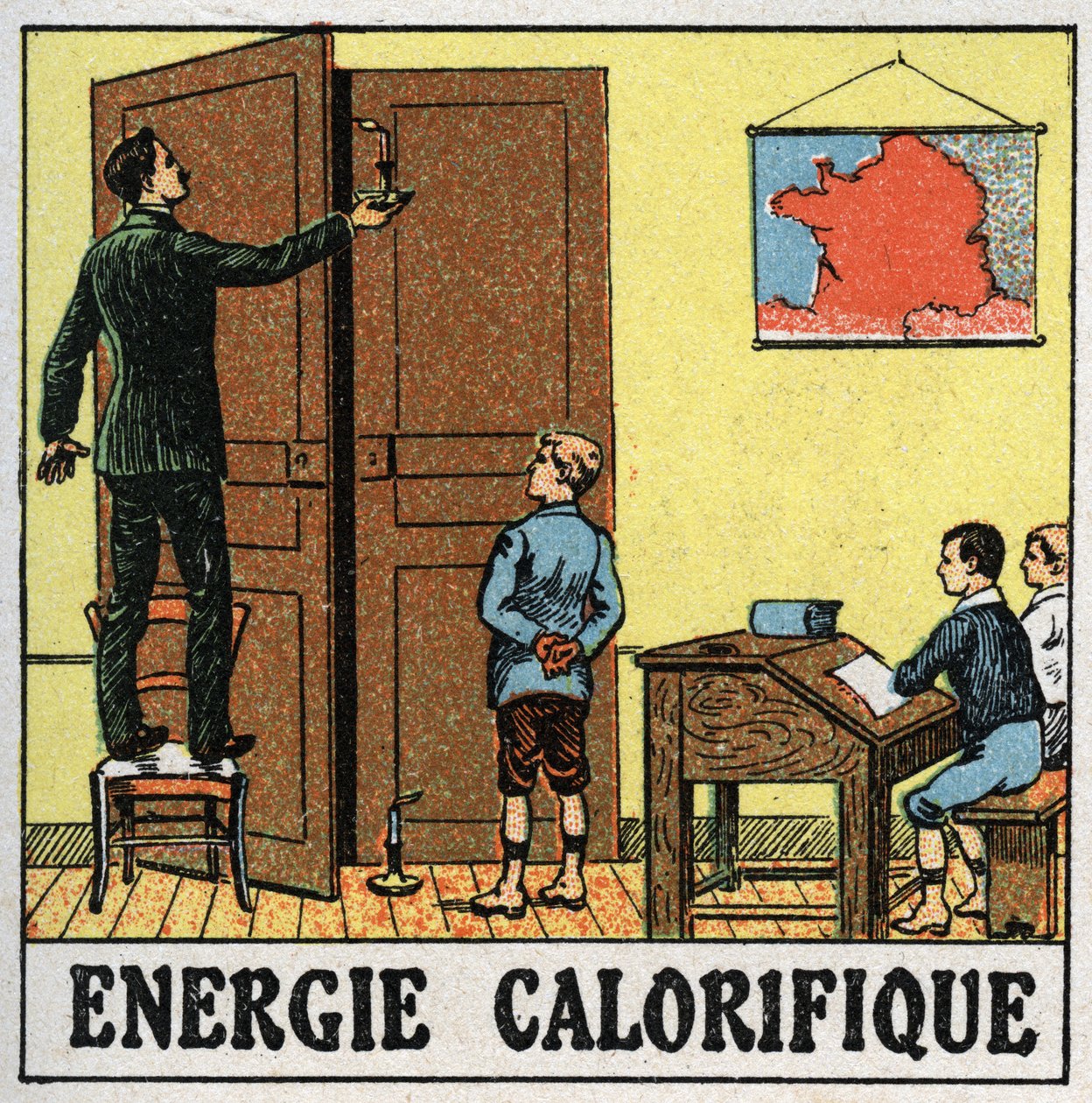 Tepelná energie: učitel ve třídě drží svíčku u otevřených dveří. Anonymní ilustrace z roku 1925. Soukromá sbírka. od Anonymous Anonymous