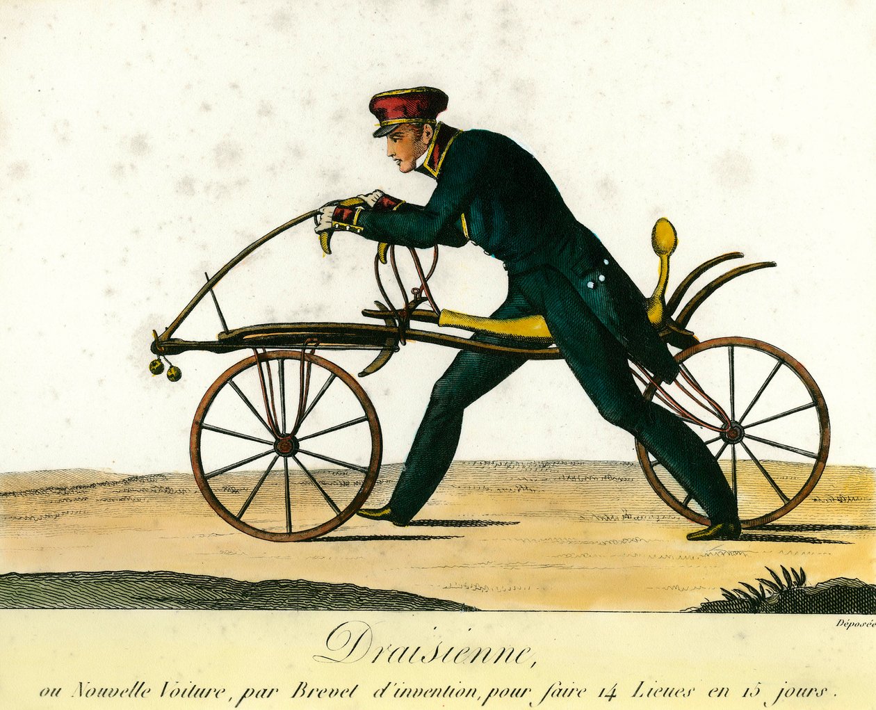Historie jízdního kola: draisienne, velmi oblíbené nové auto kolem roku 1818. Rytina z roku 1818. Soukromá sbírka od Anonymous Anonymous