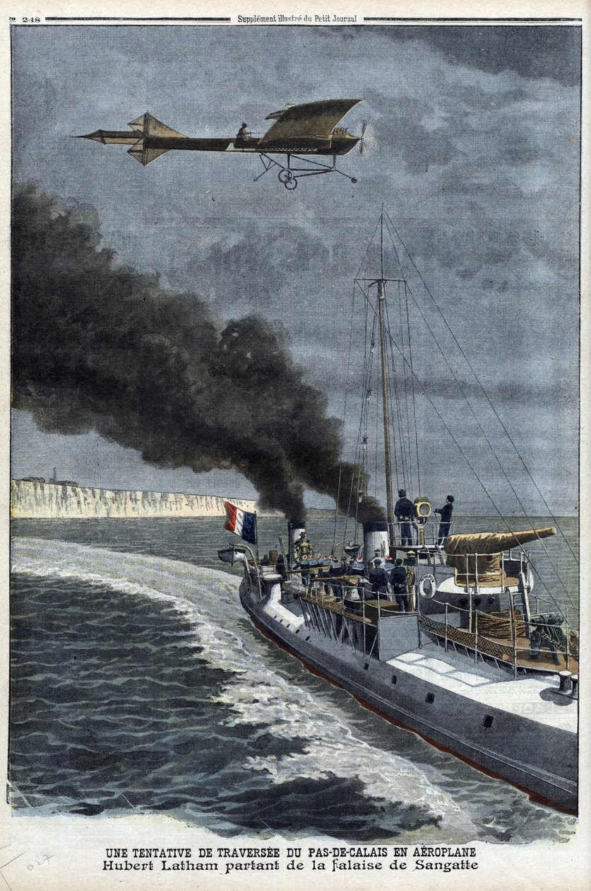 Hubert Latham (1883-1912), francouzský letec, opouštějící Sangatte v jednoplošníku 