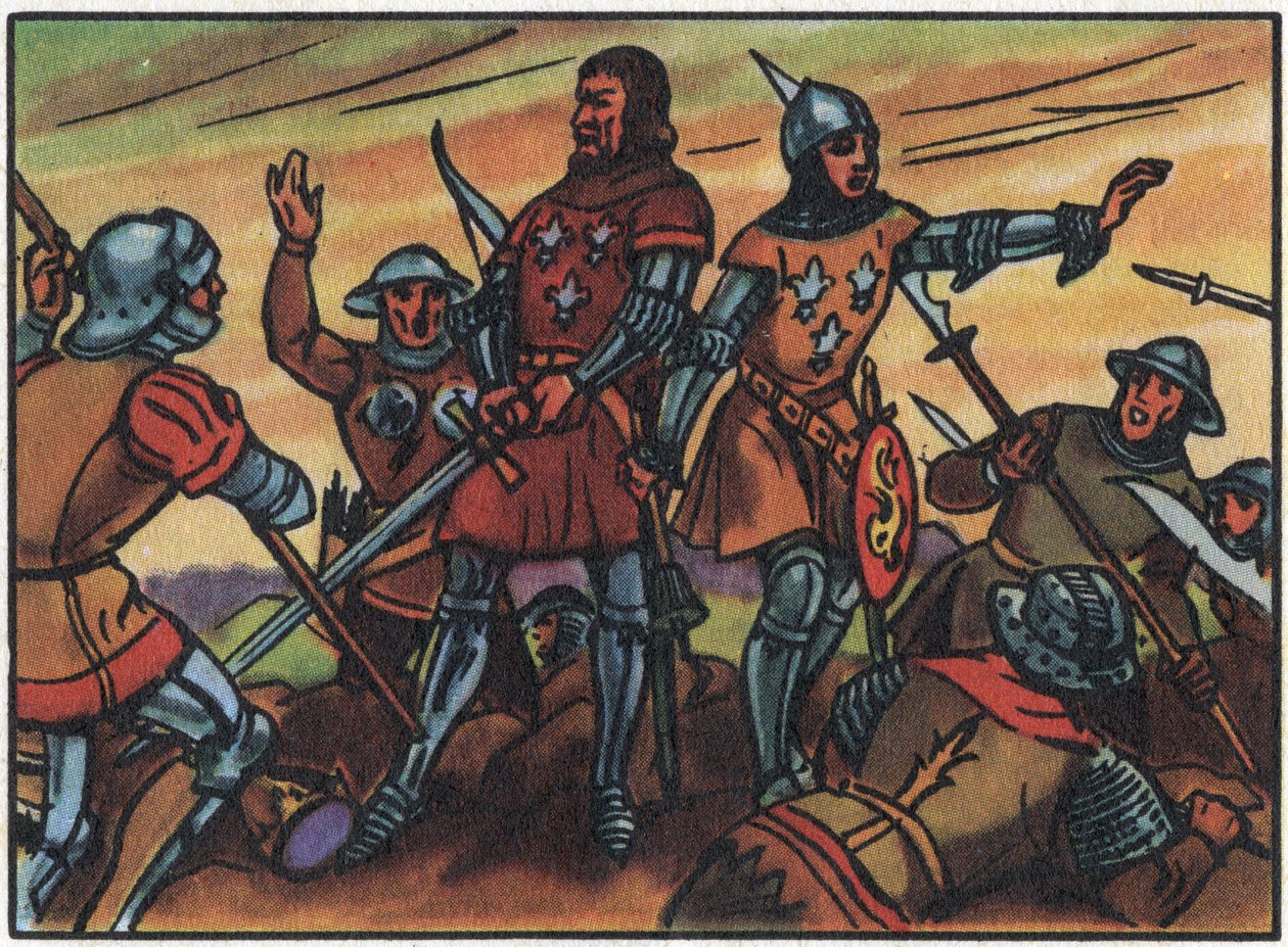 Stoletá válka: „“ francouzský král Jan II. Dobrý (1319-1364) byl zajat Angličany v bitvě u Poitiers dne 19. 9. 1356“. Anonymní ilustrace v “” Collection des souverains et chefs d