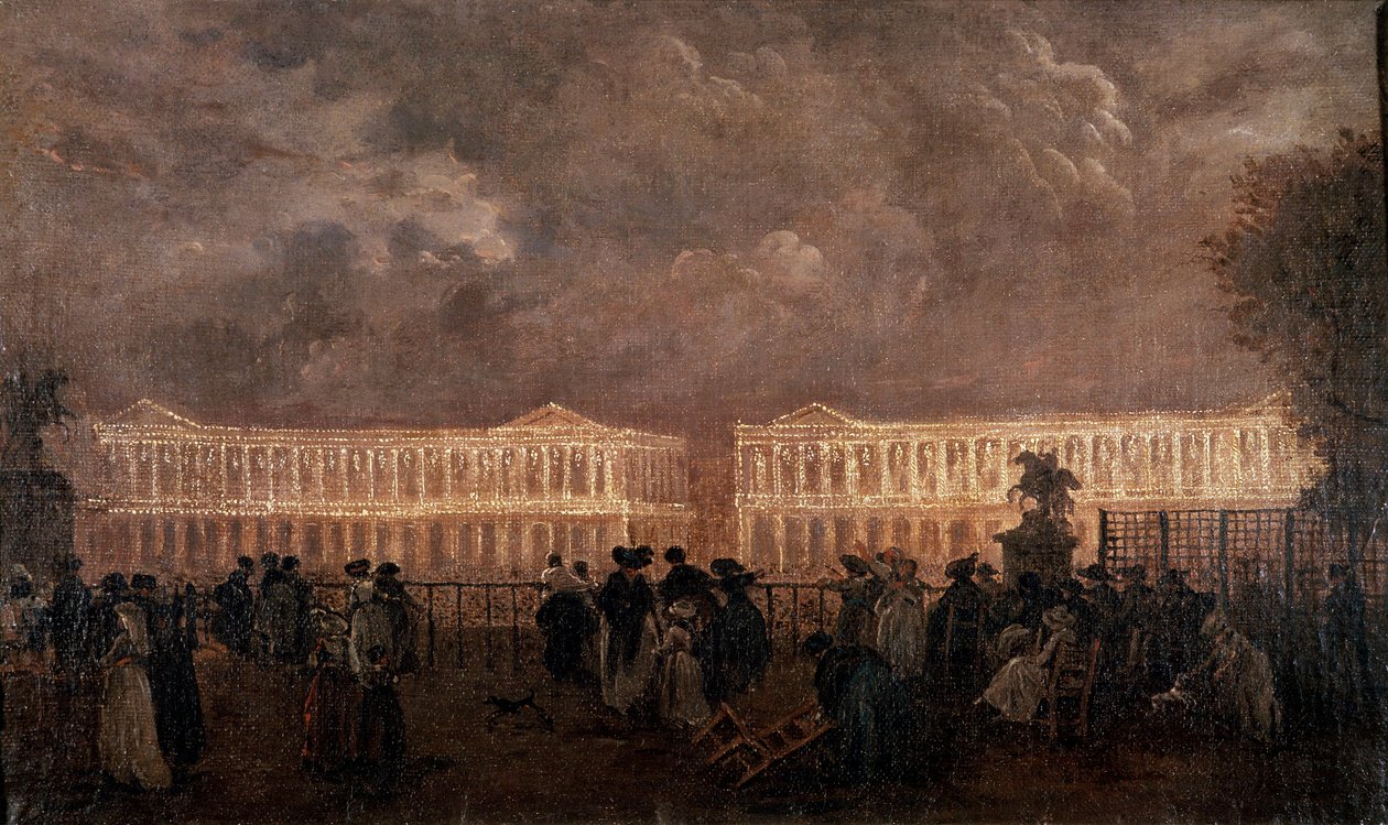 Osvětlení Place Louis XV (nyní Place de la Concorde) v Paříži v roce 1782 Vlevo současný Hotel Crillon a vpravo Hotel de la Marine (Hotel du Garde Meuble). Anonymní malování od Anonymous Anonymous