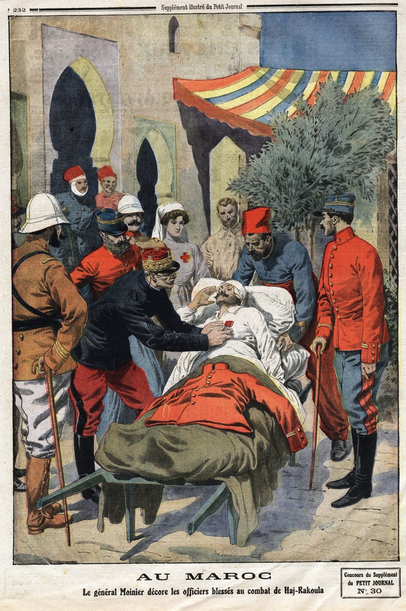 V Maroku generál Moinier zdobí křížem Čestné legie důstojníky zraněné v bitvě u Haj Rakoula (HajRakoula) Rytina do „“Le Petite Journal““ dne 21.7.1912. Soukromá sbírka. od Anonymous Anonymous