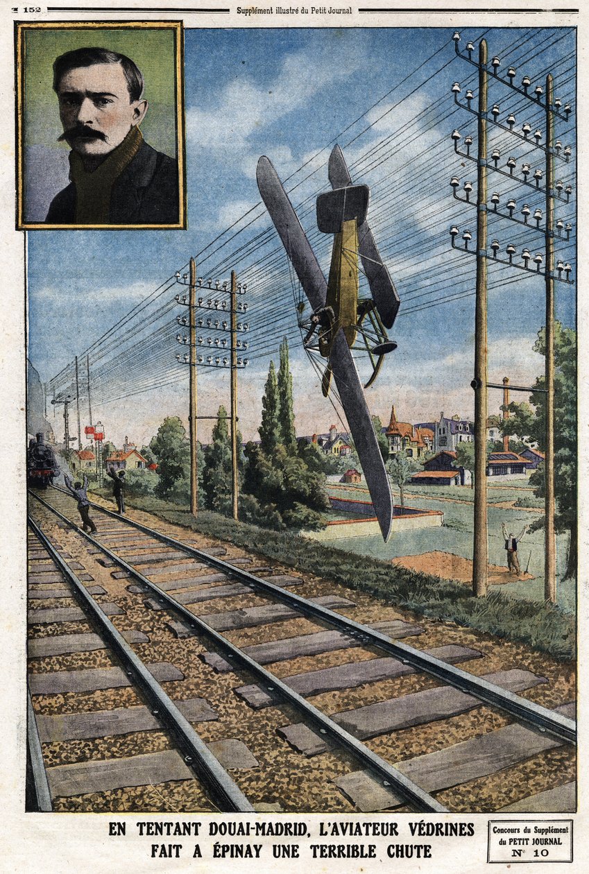 V lákavém Douai - Madridu letec Jules Vedrines (1881-1919) způsobil z Epinay hrozný pád. Rytina v Le Petit Journal”“, dne 12.05.1912 od Anonymous Anonymous