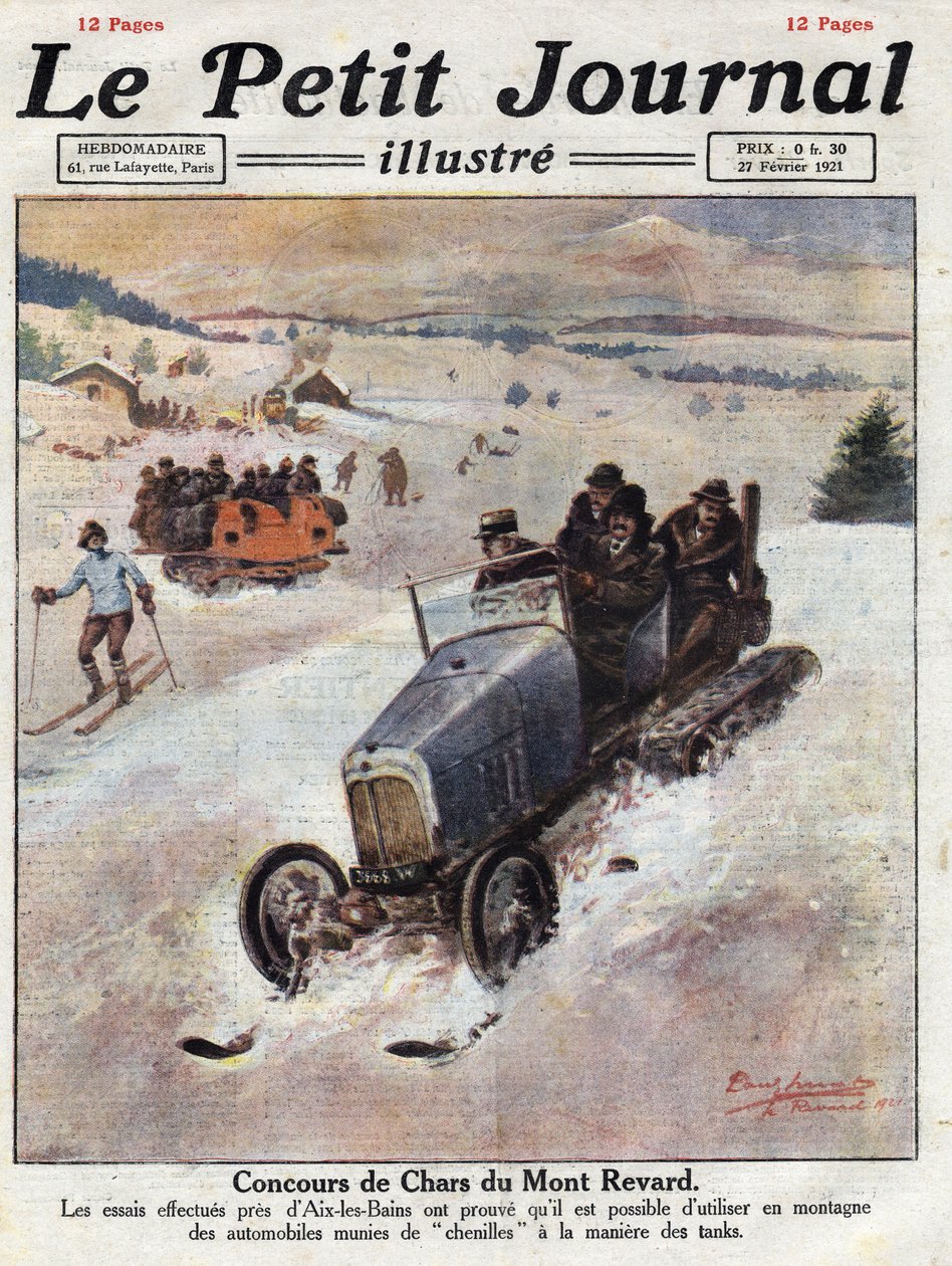 Inovace na autech v horách, pásy jsou umístěny na kolech, aby nedocházelo k poškození. Ilustrace převzata z „“Le petit journal““ z 27.2.1921. Soukromá sbírka od Anonymous Anonymous