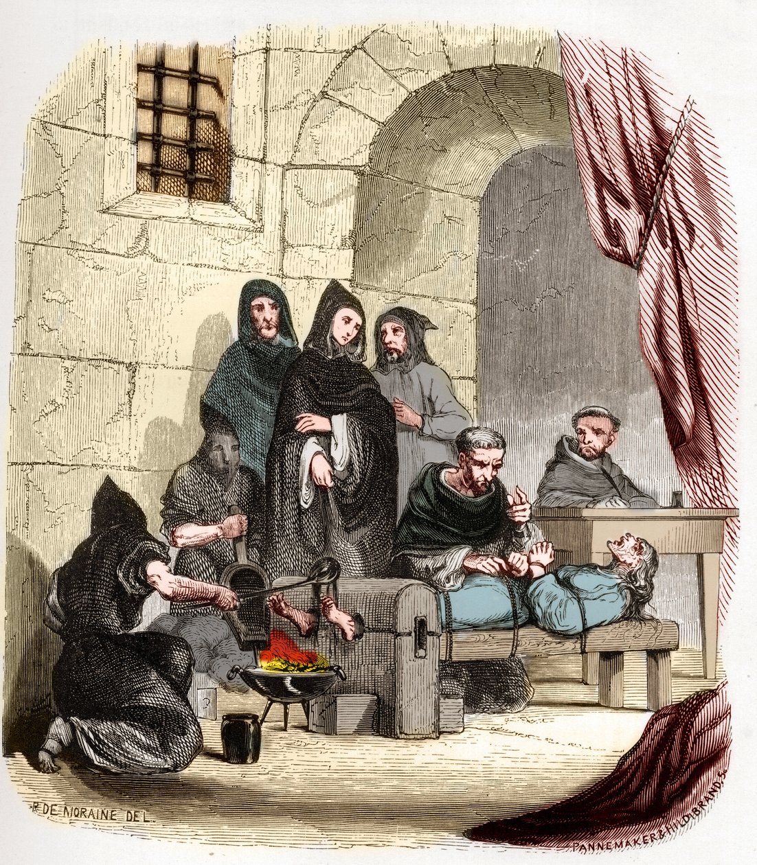 Inkvizice ve Španělsku v 15. století: Marie Burgundská (1457-1482), obviněná z židovské příslušnosti, je mučena (svatým) Petrem (Pedrem) z Arbues (1441/1442-1485), španělským inkvizitorem: pálí si nohy . Ilustrace v „“ Záhady inkvizice a od Anonymous Anonymous