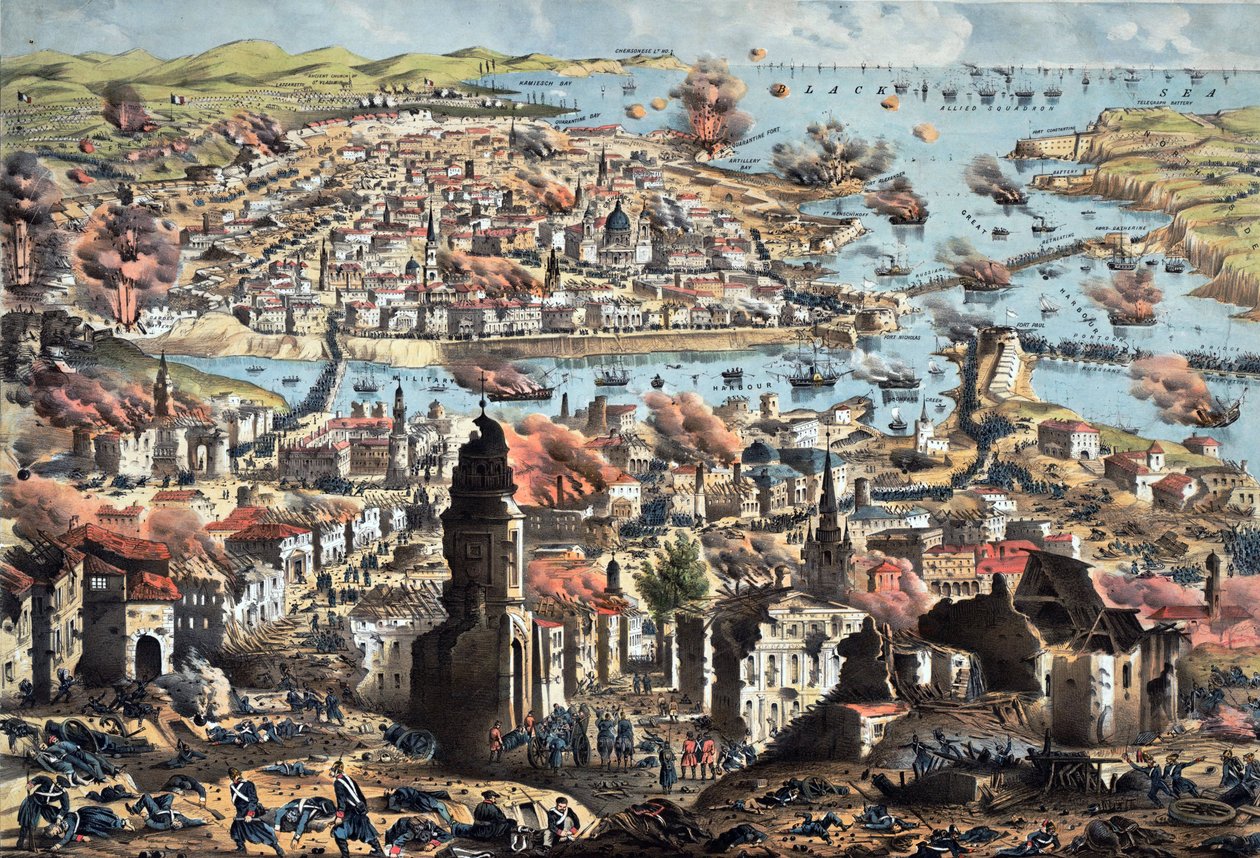 Interiér Sevastopolu (Sebastopol), zničení města Rusy, jejich ústup - Neznámý dělostřelecký důstojník - 1855 - Barevná litografie - 51,3x68,4 - Soukromá sbírka od Anonymous Anonymous