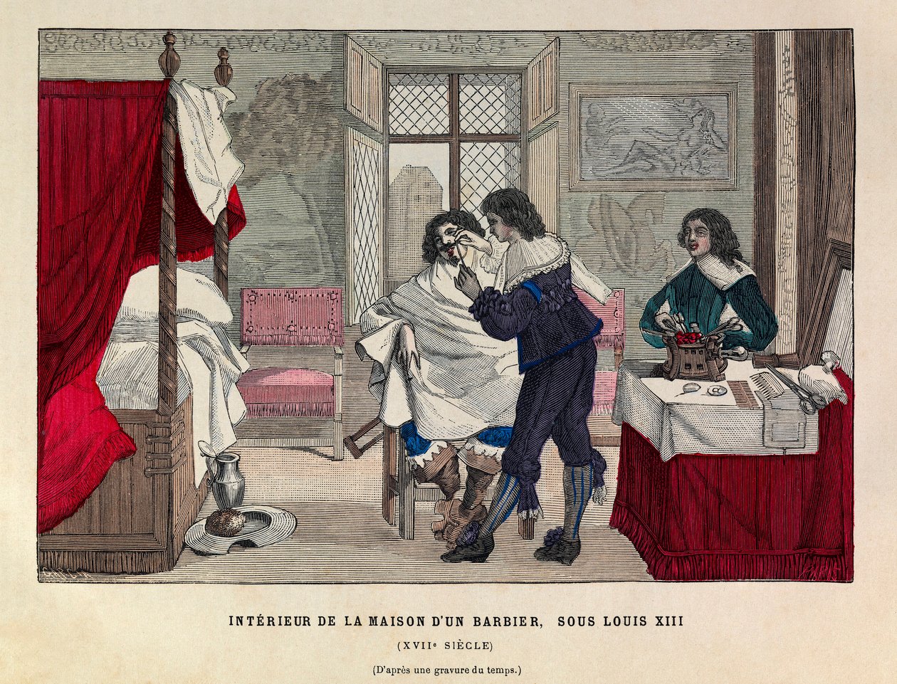 Interiér holičského domu v Paříži za vlády krále Ludvíka XIII. v 17. století - Interiér holičského domu, vláda francouzského krále Ludvíka XIII. 17. století - soukromá sbírka od Anonymous Anonymous