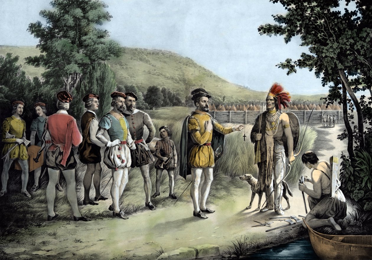 Jacques Cartier, jeho první rozhovor s indiány v Hochelaga nyní Montreal v roce 1535 (litho od Anonymous Anonymous