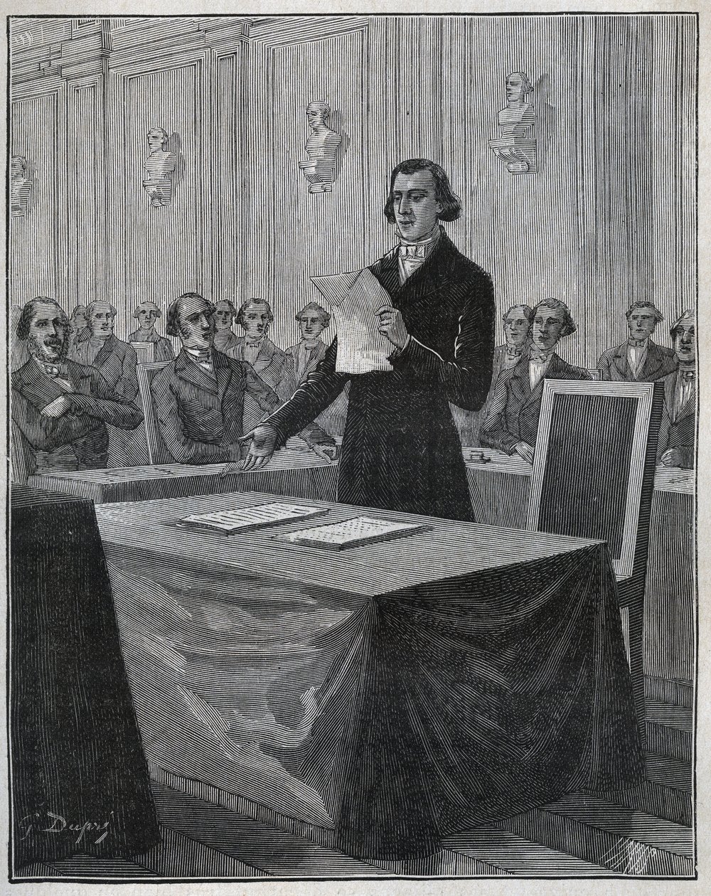 Jean Baptiste (Jean-Baptiste) Andre Dumas (1800-1884) Francouzský chemik předložil Akademii věd svou zprávu o vynálezu Ruolz a Elkington. Rytina z roku 1885 v „“Les arts et metiers illustres““ od Adolphe BITARDA. od Anonymous Anonymous