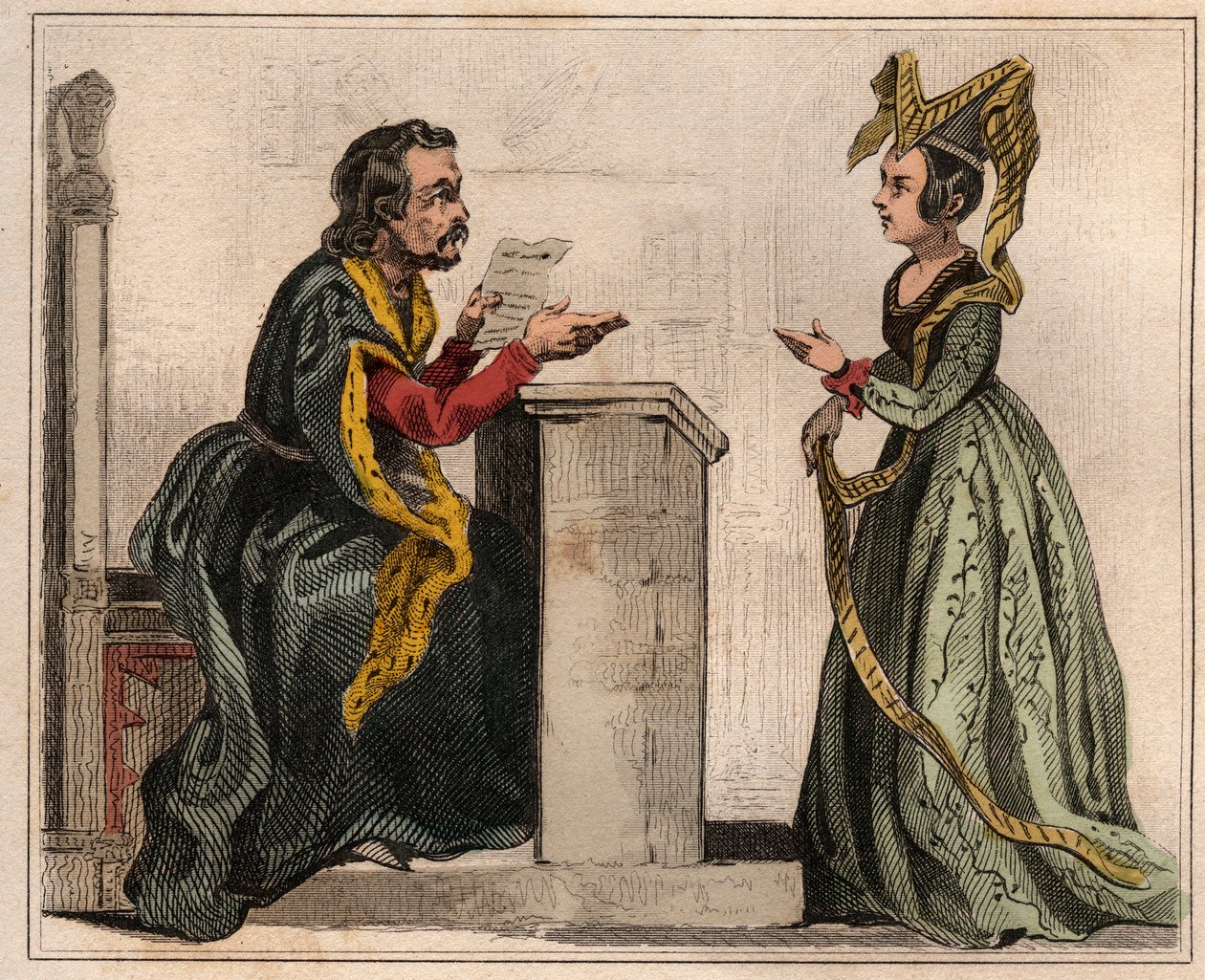 Jehan Pastoret (1328-1405), předseda pařížského parlamentu za vlády Karla V. s urozenou ženou, nosící liripion. Rytina z roku 1859 v „“ Le Monde. Dějiny všech národů od nejvzdálenějších dob až po současnost“. od M. E. de Losal od Anonymous Anonymous