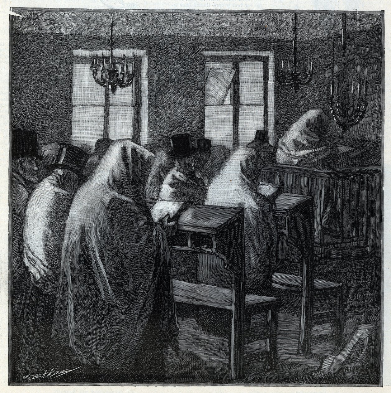 Židovské svátky: fideles během modlitby uvnitř oratoře během prázdnin. Rytina v „Le monde illustree““ z roku 1892. Soukromá sbírka. od Anonymous Anonymous