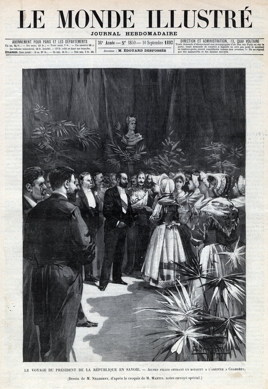 Cesta Sadiho Carnota (1837-1894) do Savojska: prezidenta republiky vítají v Chambery mladé dívky, které mu nabízejí kytici květin. Noviny. Rytina v „Le monde illustree““ z roku 1892. Soukromá sbírka. od Anonymous Anonymous