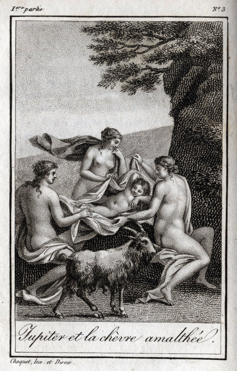 Jupiterské dítě krmené kozou Amalthee. Rytina z roku 1819 v „Lettres a Emilie sur la mythologie“ od Charlese Alberta Demoustiera (1760-1801). Soukromá sbírka. od Anonymous Anonymous