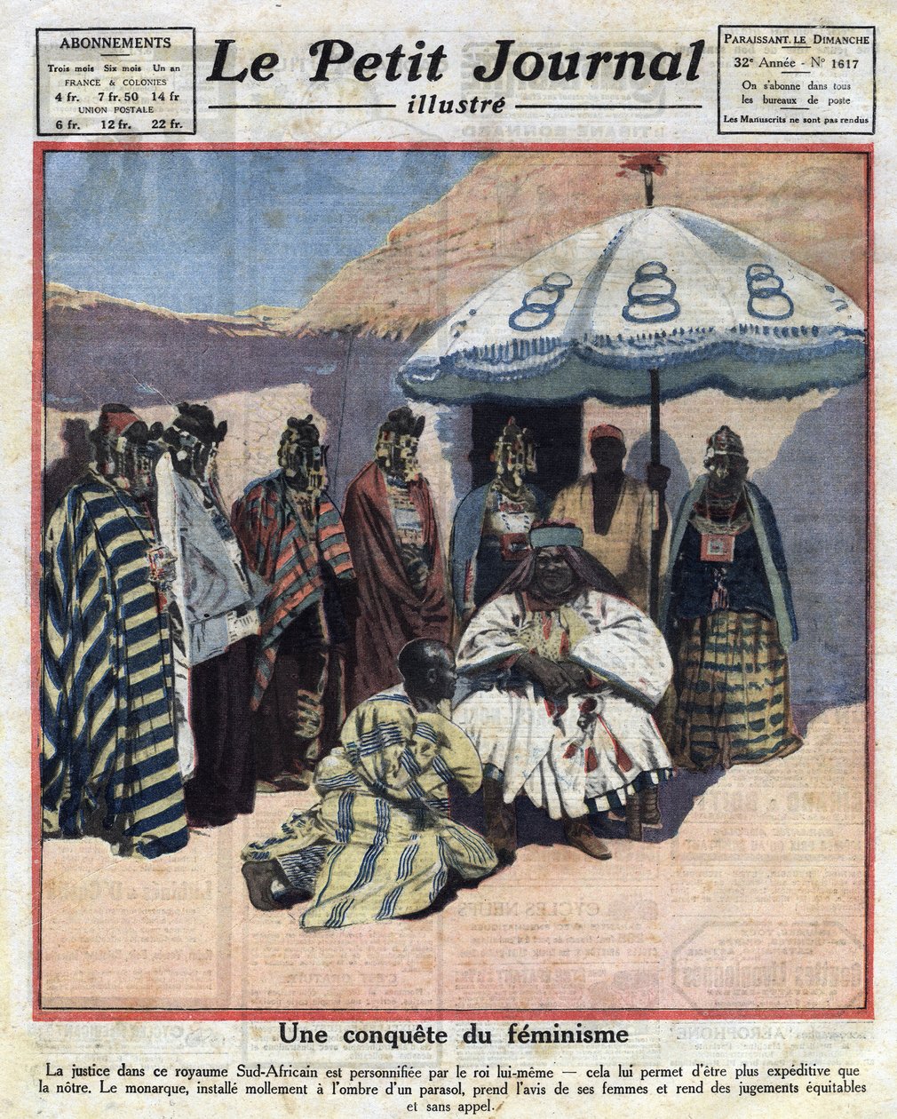 Prosazování spravedlnosti a feminismus v černošských afrických zemích: jihoafrický král se před vynesením rozsudku radí se svými ženami. Ilustrace převzata z „“Le petit journal““ z 18. 12. 1921 Collection privee od Anonymous Anonymous