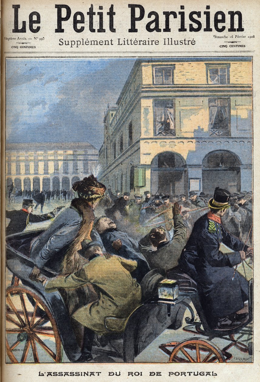 Portugalský král Karel I. (1863-1908) a korunní princ Luis Filipe byli zavražděni v Lisabonu republikány 1. února 1908. Jeden z novin „“Le petit parisien““ 16.2.1908. Soukromá sbírka. od Anonymous Anonymous
