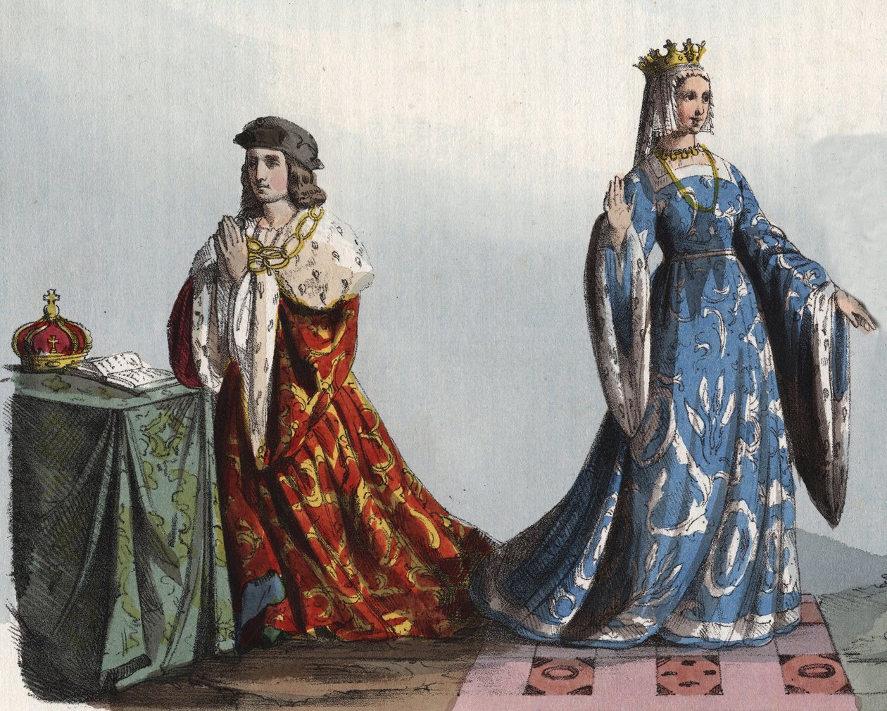 Anglický král Jindřich VI. a jeho královna choť Margaret z Anjou - Jindřich VI. Anglický (1421 - 1471) a Margarita z Anjou (1429 - 1482) - rytina z „“ Zvyky a obyčeje všech národů vesmíru. To je historie vlády, zákonů, mil od Anonymous Anonymous