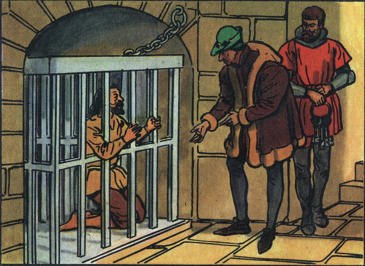 Král Ludvík XI. na návštěvě v klecích věznice Bastille. Anonymní ilustrace ve „Sbírce panovníků a hlav států Francie““. 20. století. Soukromá sbírka. od Anonymous Anonymous