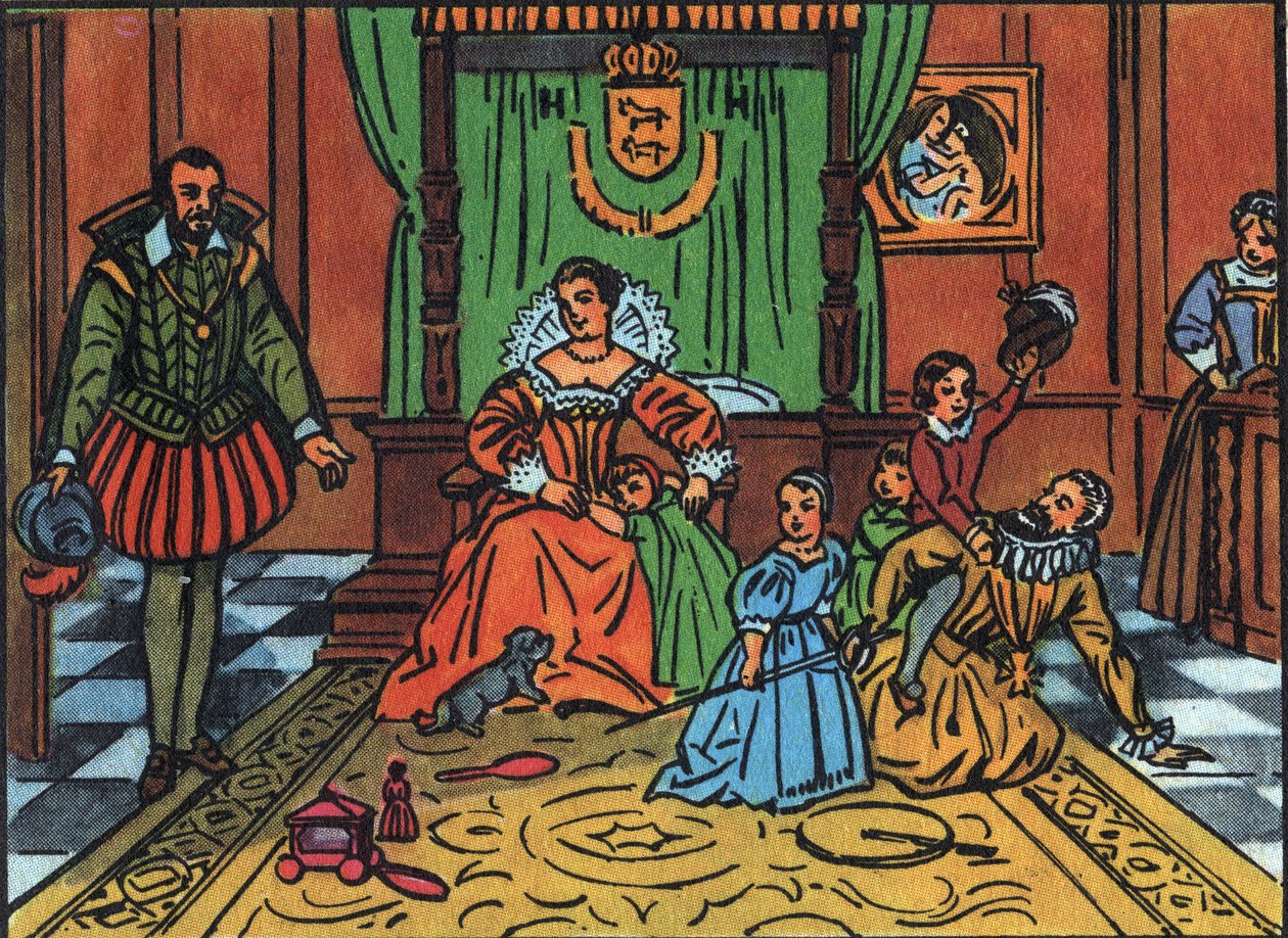 Francouzský král Jindřich IV. (1553-1610) si hraje se svými dětmi před španělským velvyslancem Uprostřed, královnou Marií Medicejskou, jsou děti Ludvík XIII., Alžběta Francouzská, Christine Francouzská a Nicolas. Anonymní ilustrace v „“ Collectio od Anonymous Anonymous