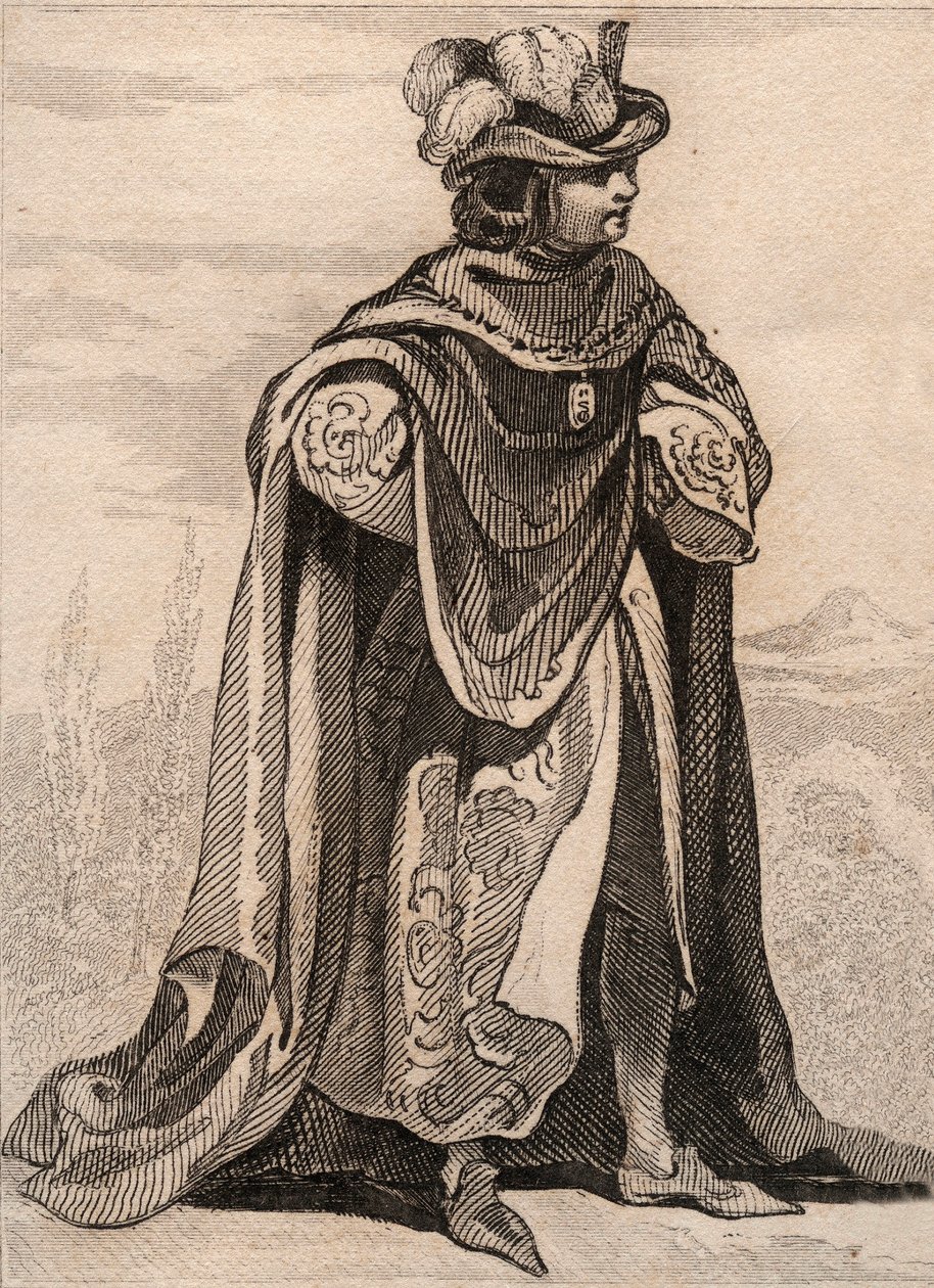 Rytíř Řádu Panny Marie z Bodláku. Rytina z roku 1859 v „“ Le Monde. Dějiny všech národů od nejvzdálenějších dob až po současnost“. od M. E. de Lostalot-Bachoue (Lostalot Bachoue). Soukromá sbírka. od Anonymous Anonymous
