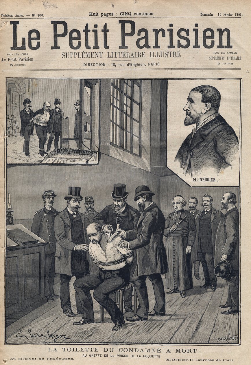 La Toilette du convicne a úmrtí (Deibler) v matrice věznice de la Roquette - rytina v „“Le petit Parisien““ z roku 1891. Soukromá sbírka. od Anonymous Anonymous