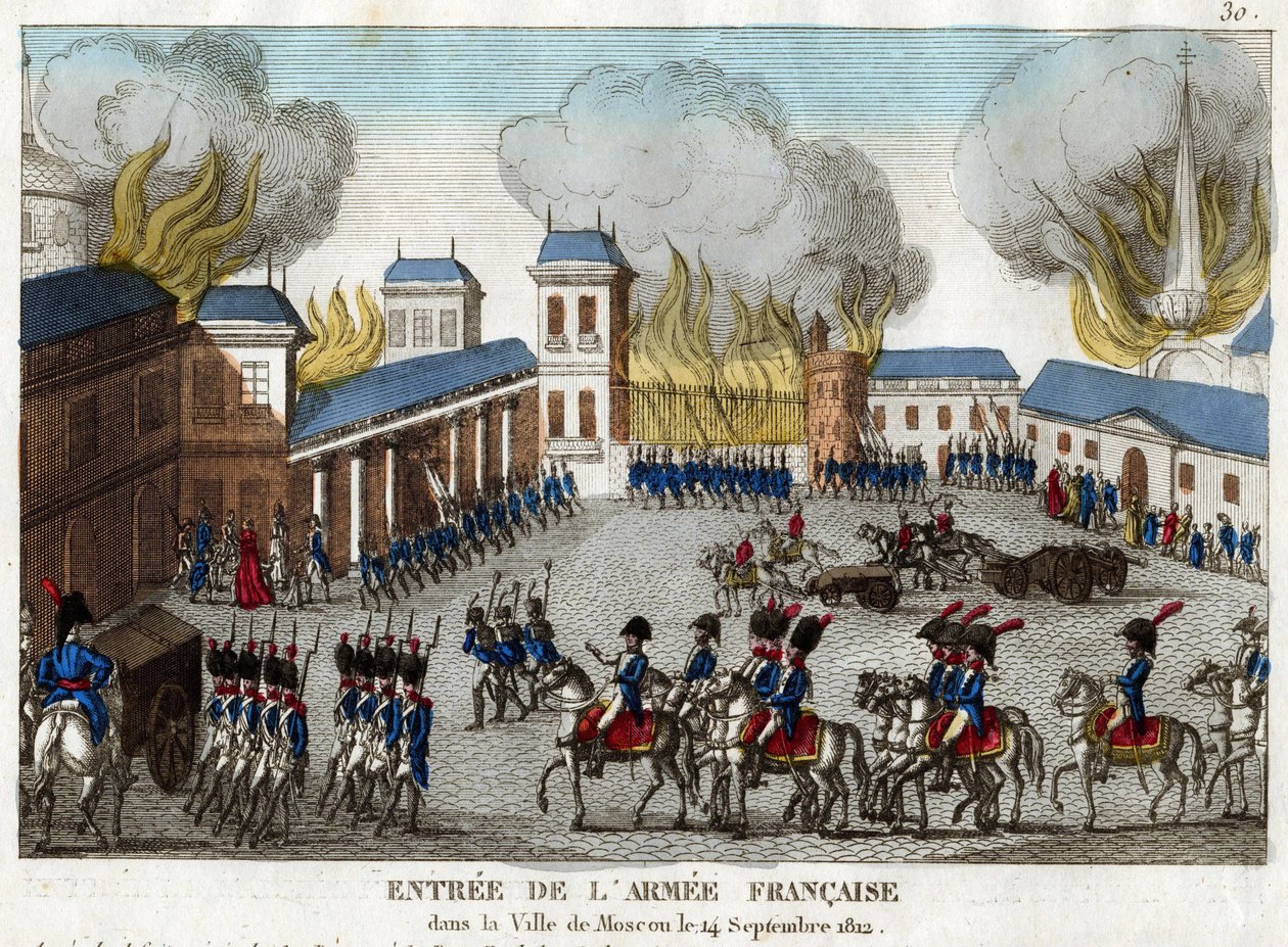 Dobytí Moskvy armádou Napoleona I. 14. září 1812 - Grande Armee vstupuje do města Moskvy - Anonym - 1812 - Lept, akvarel - 23,4x28,6 - Soukromá sbírka od Anonymous Anonymous