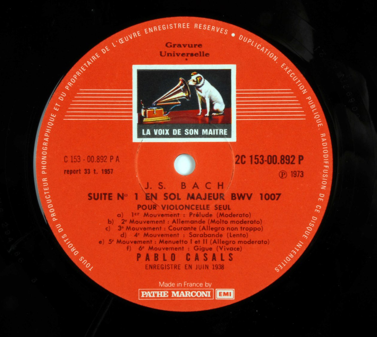 Label rekordu 33 turn (vinylová deska) značky „EMI the voice of his master““ od Pabla Casalsa interpretujícího 6 suit pro violoncello od Jeana Sebastiena Bacha (Johann Sebastian Bach od Anonymous Anonymous