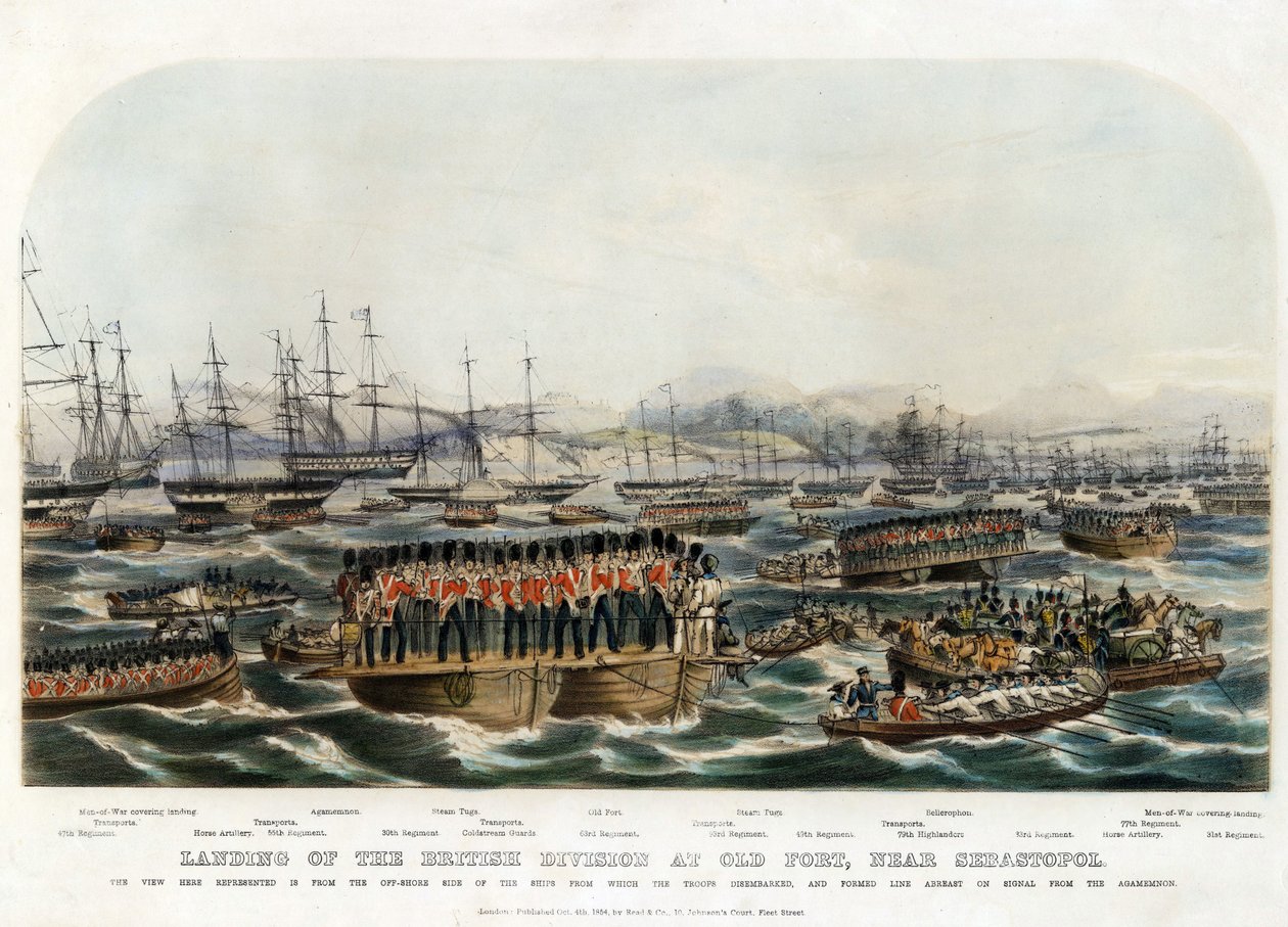 Vylodění britské divize ve Staré pevnosti poblíž Sevastopolu - Anonymní - 1854 - Barevná litografie - 29,8x42 - Soukromá sbírka od Anonymous Anonymous