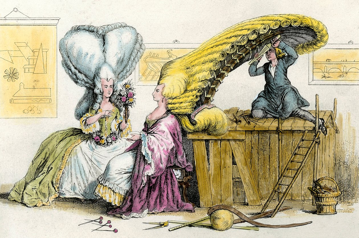 Velké výstřední účesy: mladé ženy šlechty stylizované parukou. Rytina ze soukromé sbírky z roku 1788 od Anonymous Anonymous
