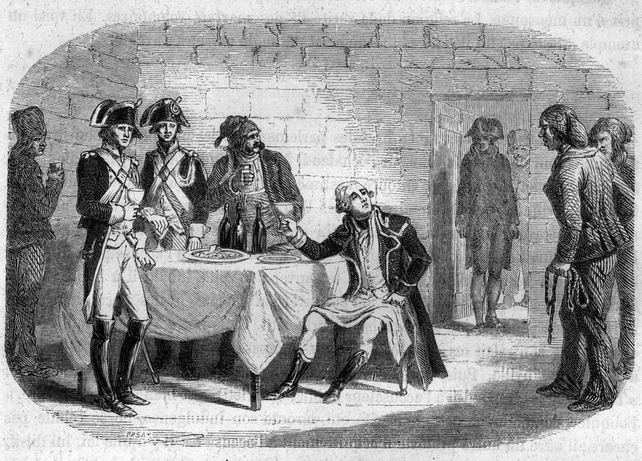 Poslední okamžik vévody Armanda Louise de Gontaut de Biron, vrchního generála Armees Rýn a Var; zemřel 1793 - Rytina v „Histoire des Girondins“ od Alphonse de Lamartine (1790-1869) 1865-1866. Soukromá sbírka od Anonymous Anonymous