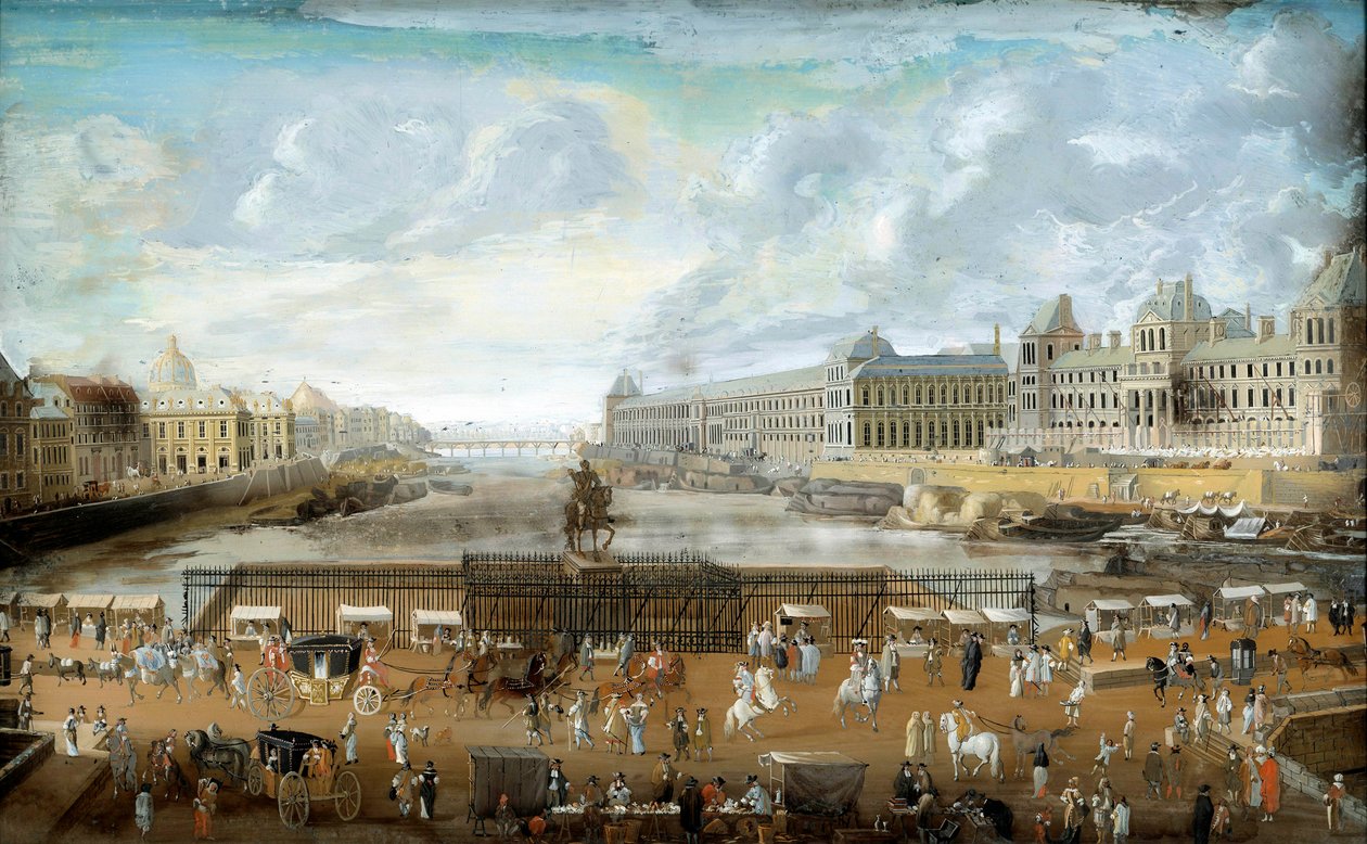 Le Pont Neuf při pohledu od vchodu na Place Dauphine, Quai Malaquais s College of Four Nations a Grande Galerie a anonymní obraz Louvre. 1669. Paříž, Musee Carnavalet od Anonymous Anonymous