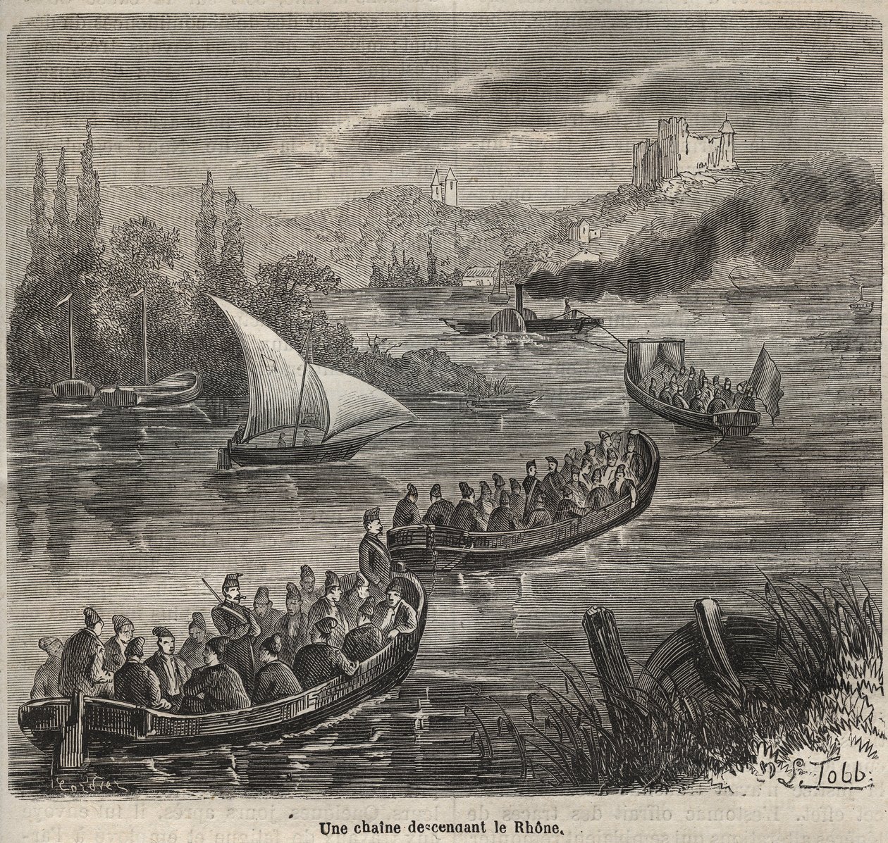 Vězení v Toulonu – řetěz klesající po Rhoně – rytina do „Historie věznic od jejich vzniku po současnost“ (1877) od Pierra Zacconeho (1817-1895) (Colonia Penale – Trestná kolonie) od Anonymous Anonymous