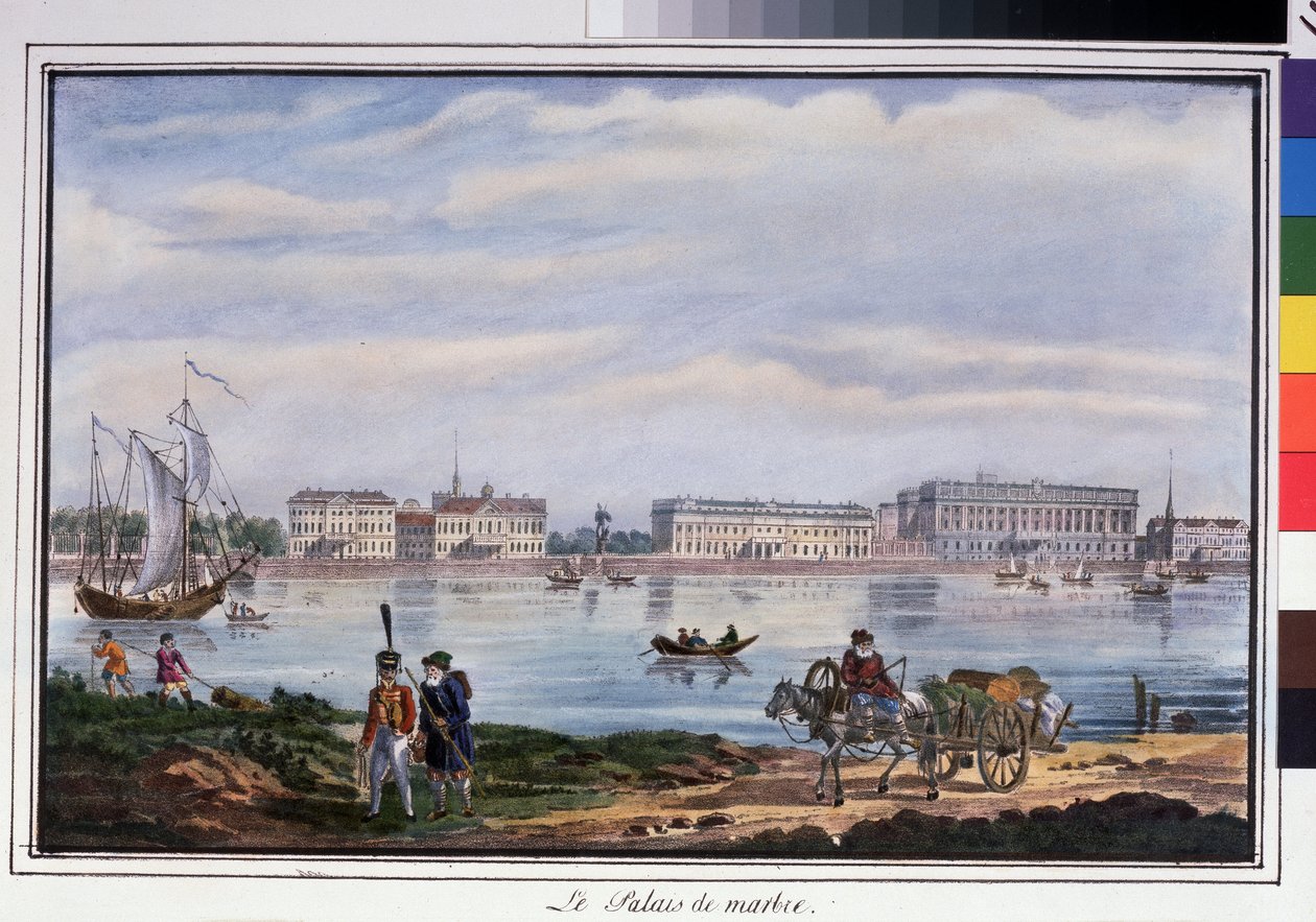 Mramorový palác a Něvské nábřeží v Petrohradu. Anonymní litografie, kolorovaná akvarelem, 22 x 32 cm od Anonymous Anonymous