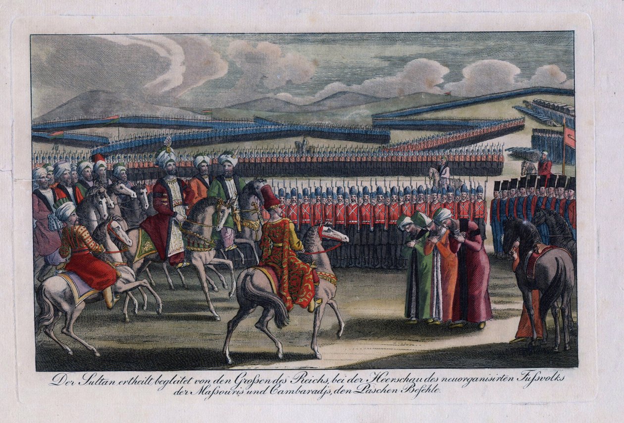 ""Osmanský sultán Selim III. (1761-1808) hodnotí svou novou pěchotu"" Anonymní rytina 1806 Soukromá sbírka od Anonymous Anonymous