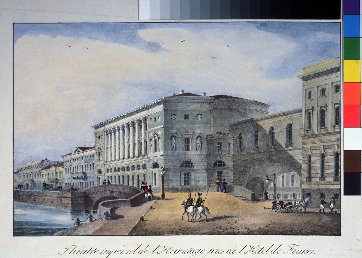 Divadlo Ermitáž v Petrohradě. Anonymní litografie, kolorovaná akvarelem, kolem roku 1840. A. Pushkin Memorial Museum, Saint Petersburg. od Anonymous Anonymous