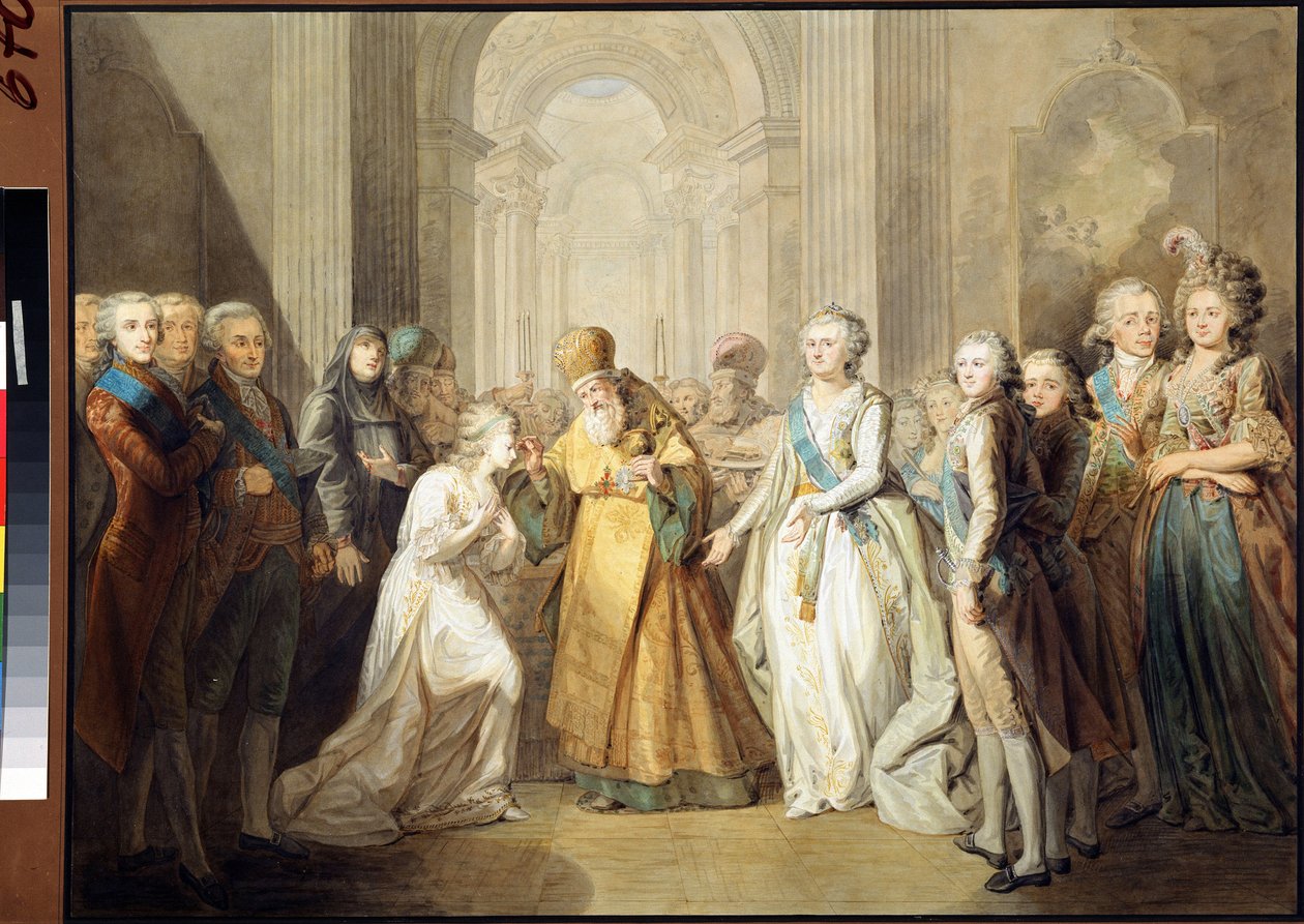 Zasnoubení velkovévody Alexandra Pavloviče (tehdejšího cara Alexandra I. Pavloviče Romanova (1777-1825) a princezny Louise Augusty Bádenské (Baden) (tehdejší císařovny Alžběty Alexejevny (Alžběta Alexejevna) od Anonymous Anonymous