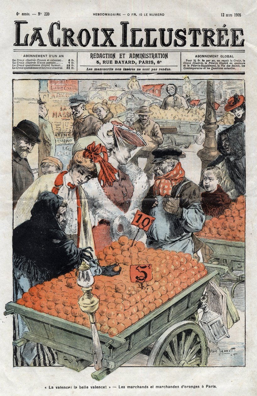 Obchodníci s pomeranči (La valence) v Paříži v roce 1905 - obálka „La-Croix-Illustree““ z roku 1905 od Anonymous Anonymous