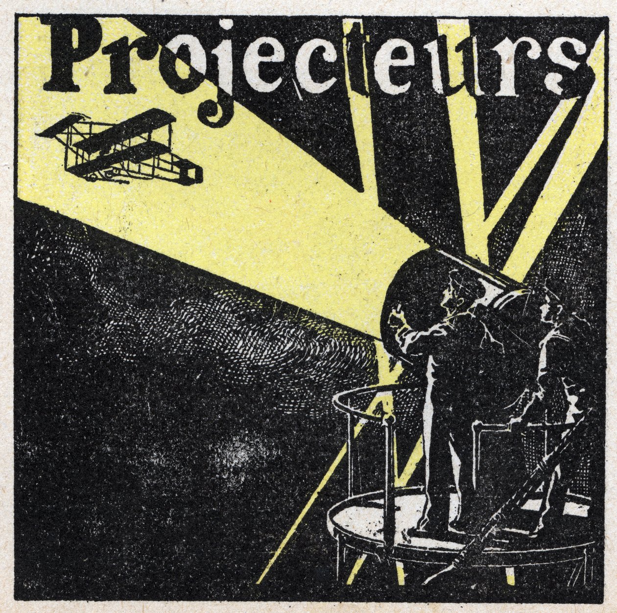 Odraz světla: reflektory používané k pozorování letadla na obloze v noci. Anonymní ilustrace z roku 1925. Soukromá sbírka. od Anonymous Anonymous