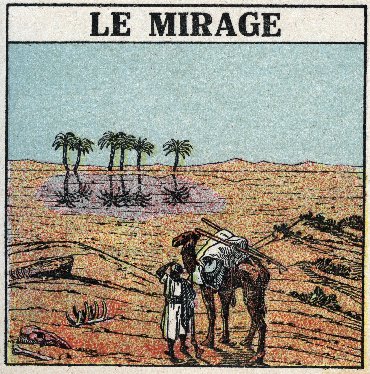 Lom světla: fata morgána. Atmosférický lom vytváří iluzi oázy objevující se v poušti. Anonymní ilustrace z roku 1925. Soukromá sbírka. od Anonymous Anonymous